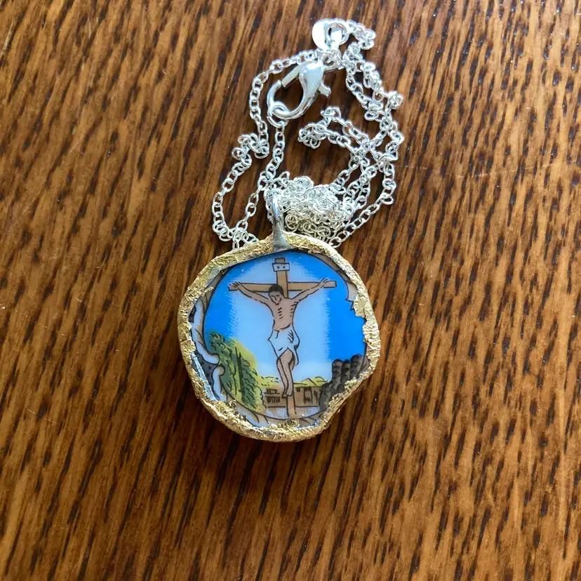 Broken Pottery Artisan Made Pendant Christian Religious Plate Handcrafted Necklace 1 in x 1 in
