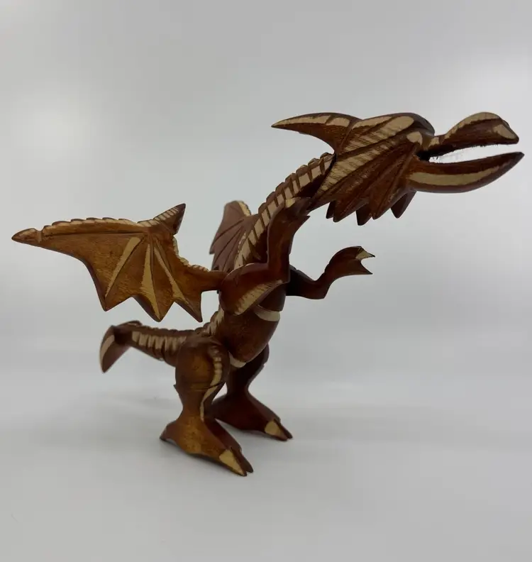 Winged Dragon Mythical Fantasy 3D Wood Hand Carved Folk Art Figurine Peg Joints