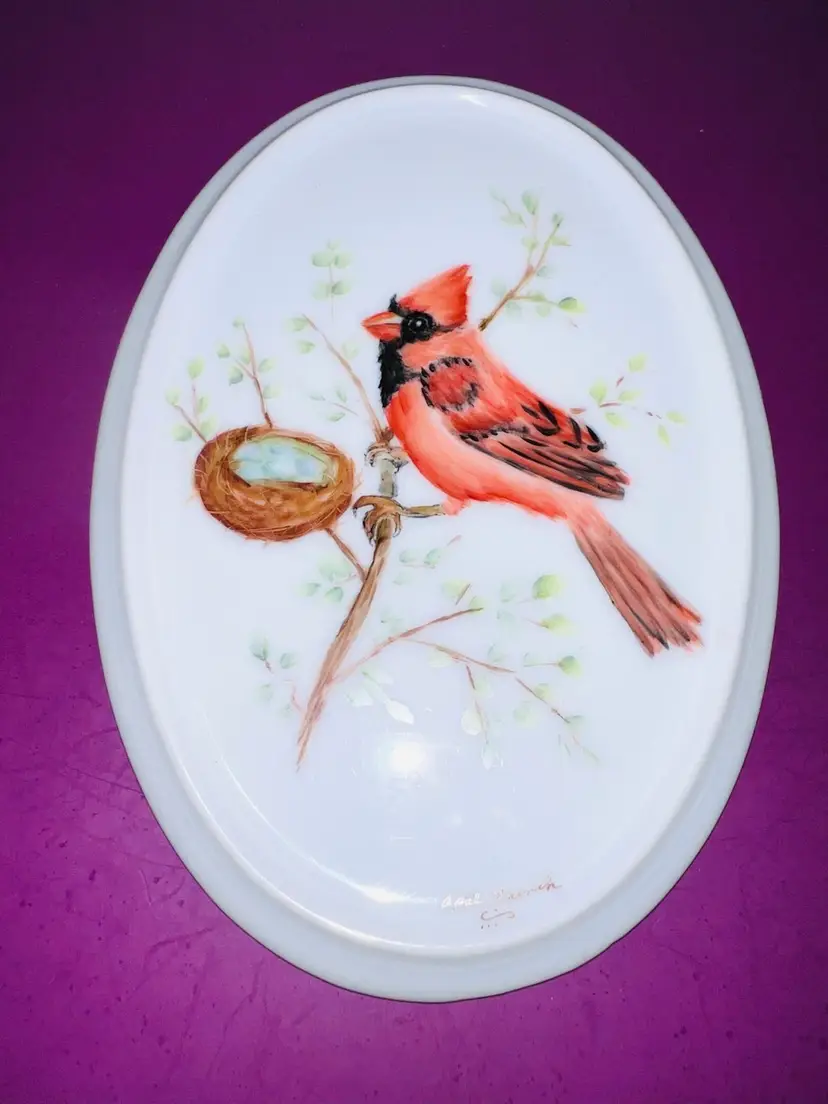 Vintage Hand Painted Red Cardinal Porcelain Trivet Artist Signed