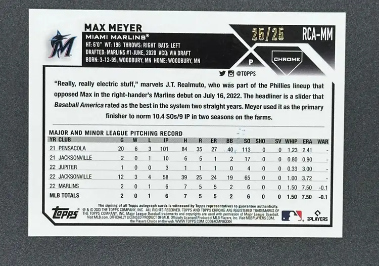 2023 Topps Logofractor #RCAMM Max Meyer Orange Auto /25 Marlins RC