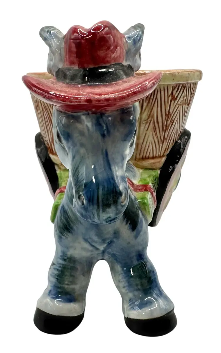 Vintage Ceramic Donkey Mule Wagon Planter Bowl Base Hat Hand Painted Japan 7”
