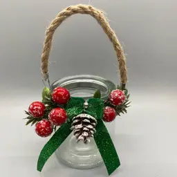 Festive Pinecone and Red Berries Holiday Hanging Candle Holder Luminary 3.5"