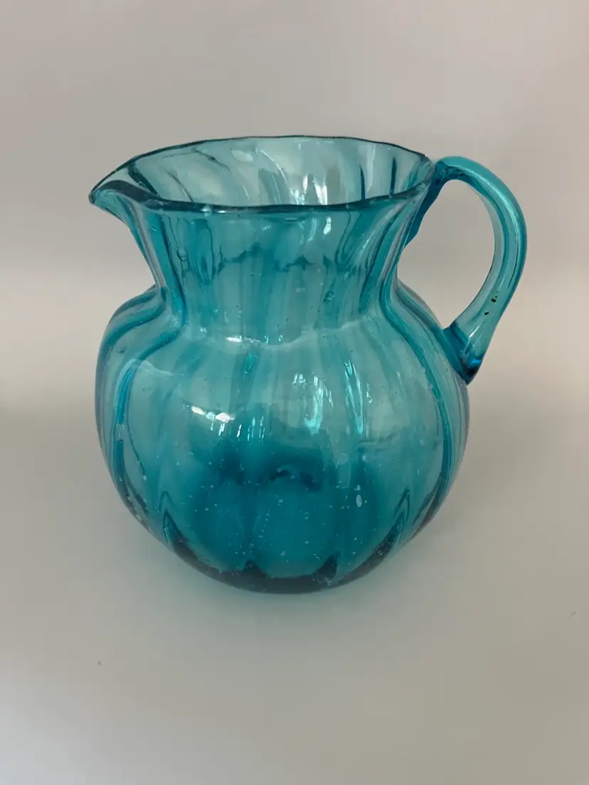Hand Blown Mexican Aqua Blue Bubble Glass Pitcher 6 Inches High