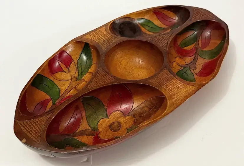 Vintage Wood Hand Carved Oval Serving Platter Floral Design Mid Century