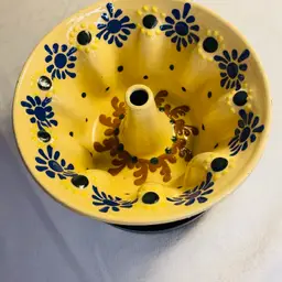 #2219 Poland Bundt Pottery Bake Pan Decor Blue Floral Handpainted