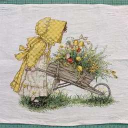 Hand Cross-Stitched Holly Hobbie w/Wheelbarrow