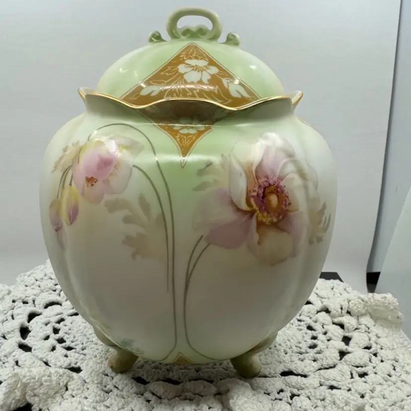 RS Suhl Biscuit Jar Hand Painted Floral, 7.5”, Pristine Condition