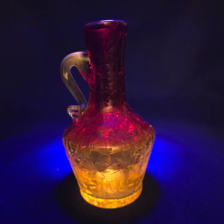Art Crackle Glass Handblown Amberina UV Glowy Handled Pitcher Applied Clear Handle 4⅞" Tall Vintage