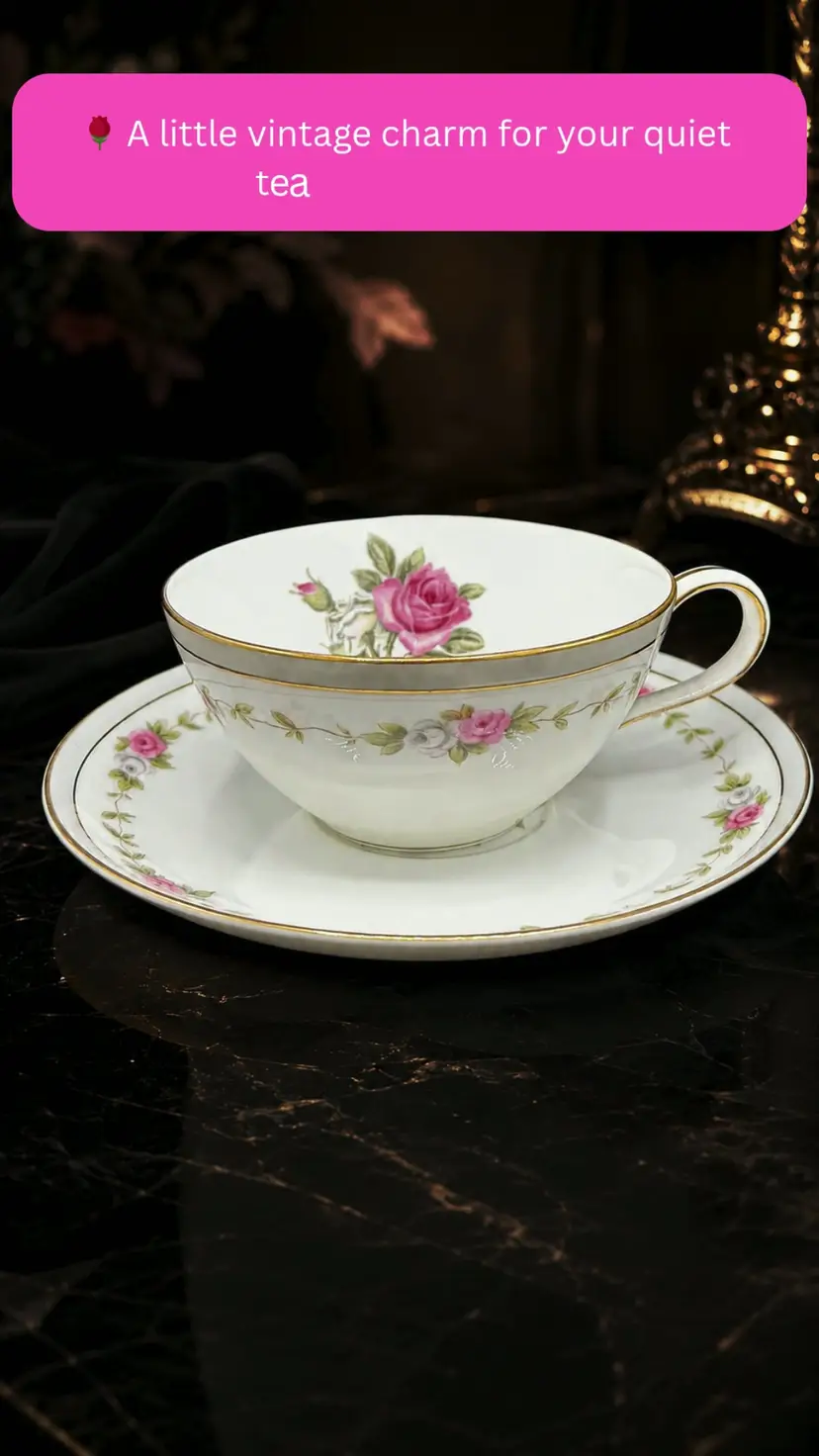 Vintage Noritake Pink Rose Teacup Saucer Set Floral China Reverie Pattern 5431