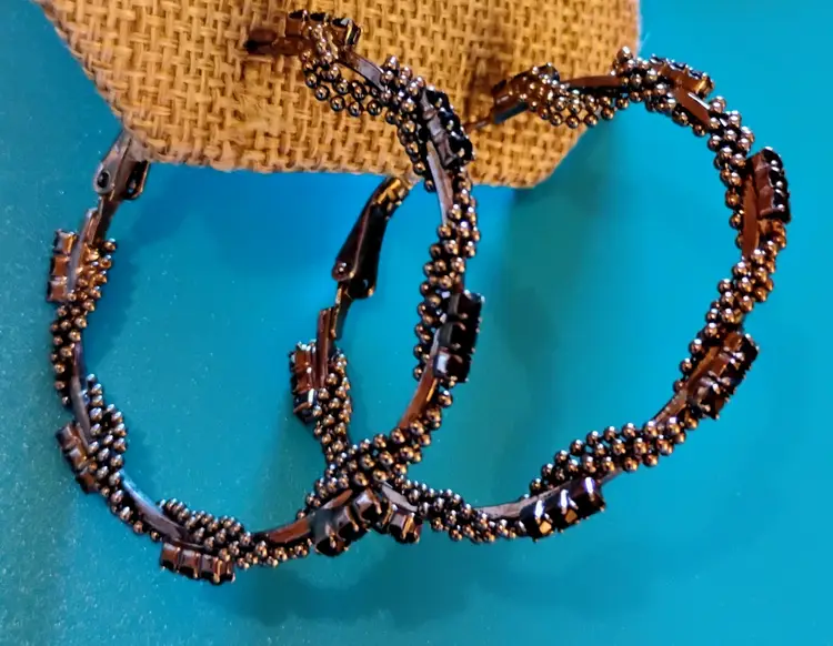 Silver and Black Hoops, 2inch, Omega Back, Black rhinestones with silver beaded twist