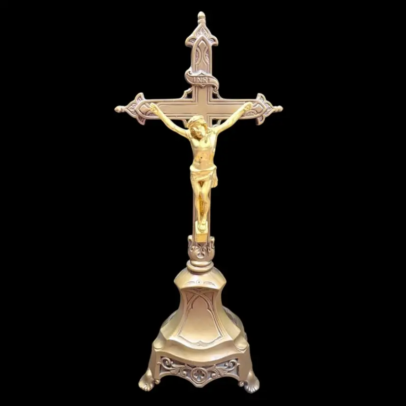 12” Antique Freestanding Spelter Metal Crucifix, Gothic Revival, Gold Paint