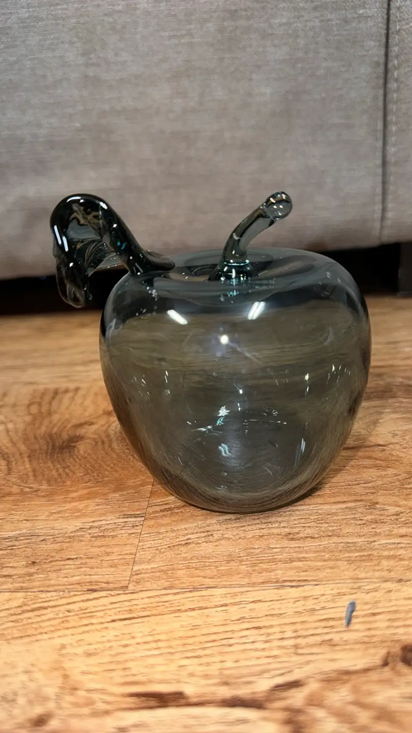 La Mailloche Handblown Blue Glass Apple with Leaf • Quebec • Signed