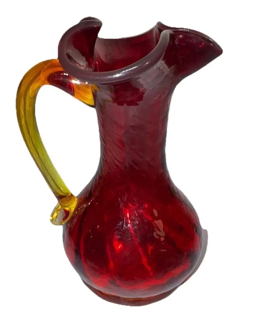 Blown Glass Red  5” Mini Glass Pitcher Vase Glows under a UV Light