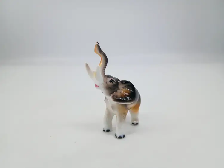 Vintage Miniature Bone China Elephant Figurine Trunk Up For Luck