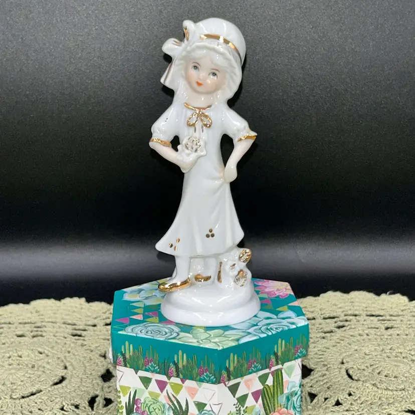 Vintage Monti Piero Girl With Flowers Porcelain With Gold Figurine Designed in Spain