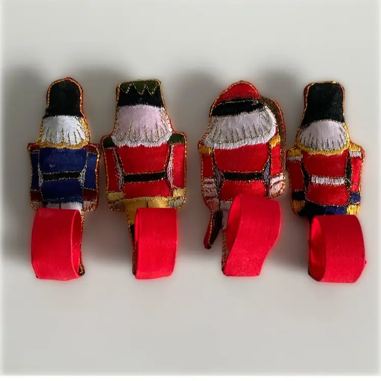 Set of 4 Embroidered Soldier Christmas Ornaments Or Napkin Ring Holders