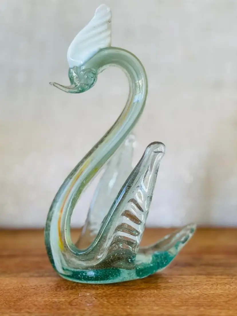 Vintage Hand Blown Green, White, Yellow Art Glass Swan Paperweight / Figurine