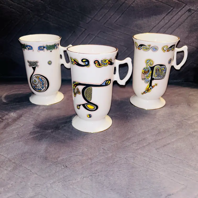 Set of 3 Royal Tara Bone China Book of Kells Footed Irish Coffee/ Tea mugs