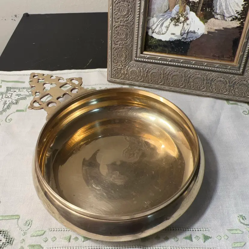 Vintage Solid Brass Scroll Handle Porringer 6.75” India