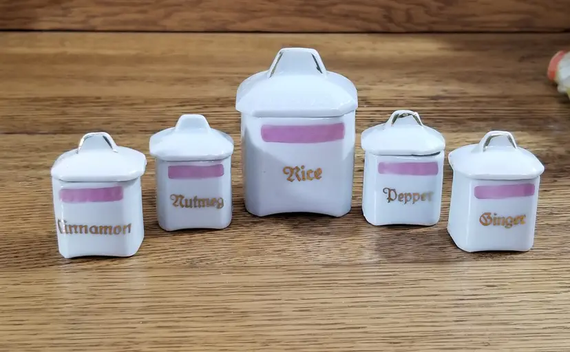 Vintage Miniature Porcelain Canister and Spice Jar Set