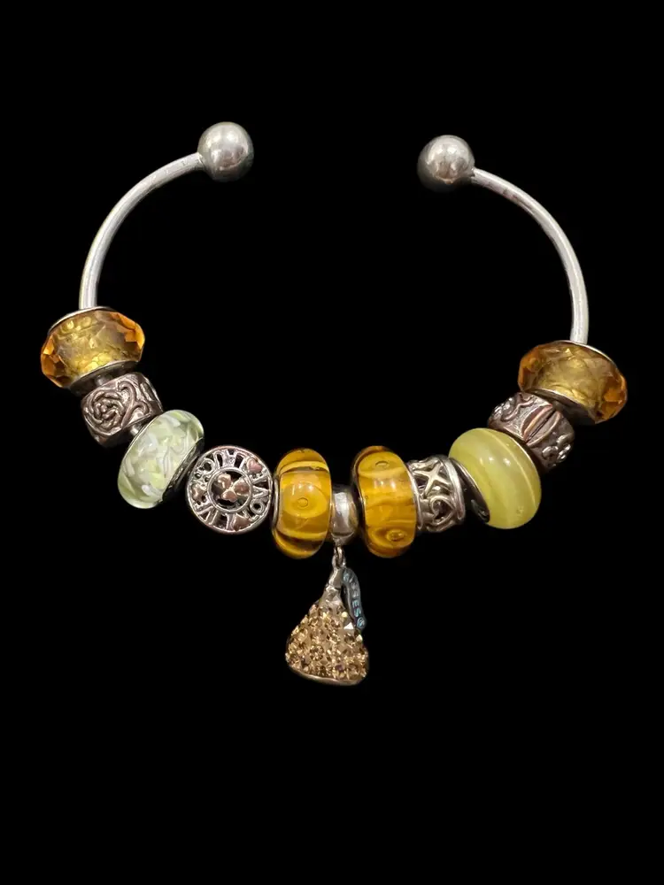 Pandora Style IBB 925 Sterling Silver Open Cuff  Hershey Kiss Glass Charms