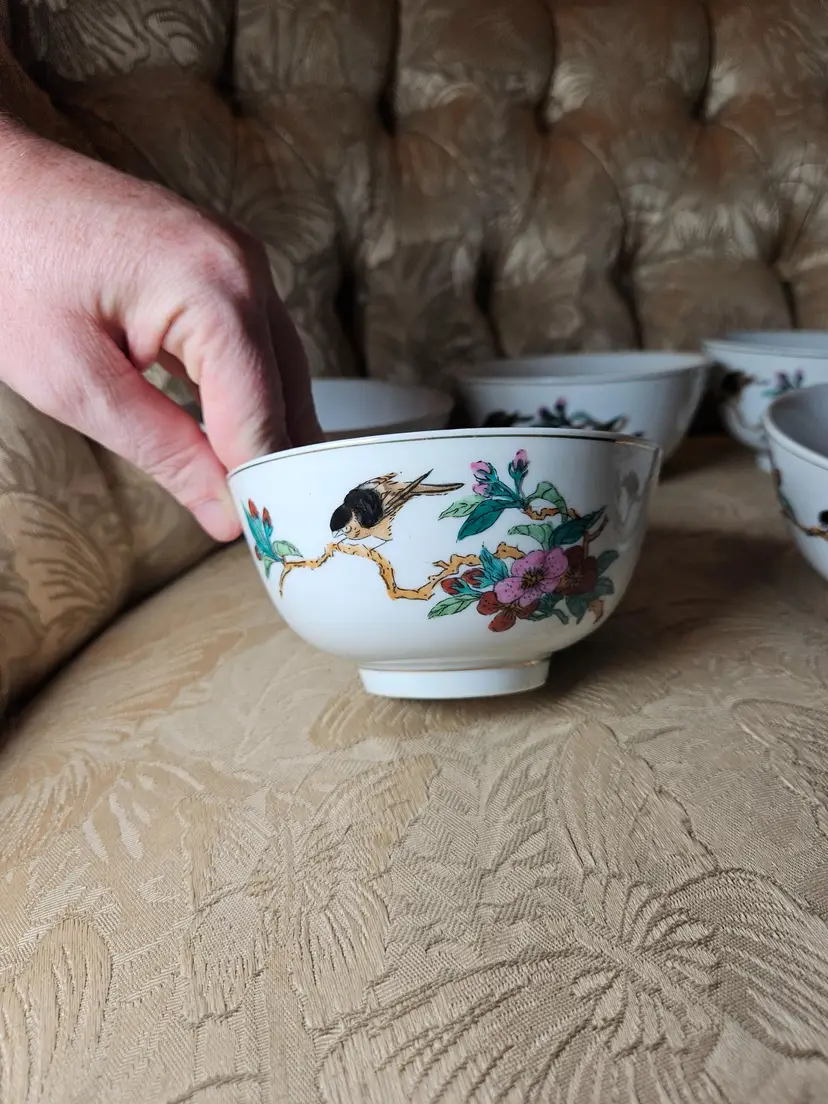 Chinese Porcelain Rice Bowls Set of 6 Hand Painted Bird in Flowering Tree with Calligraphy Design PC2343