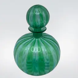Hand Blown Blue/Green Glass Balloon Style Perfume Bottle With Stopper, 5.25”