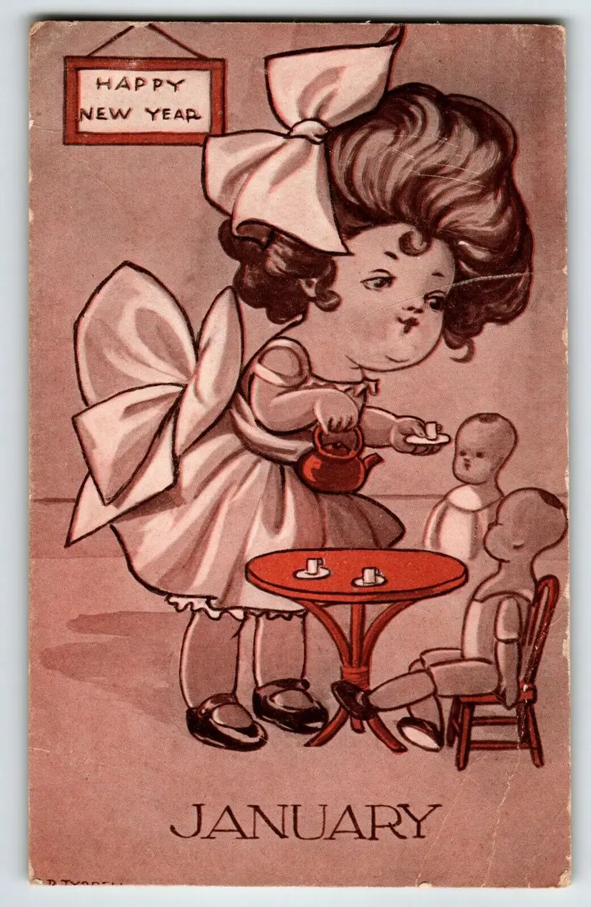 January Girl New Years Big Haired Child Postcard Artist Dodsworth AH Co Vintage