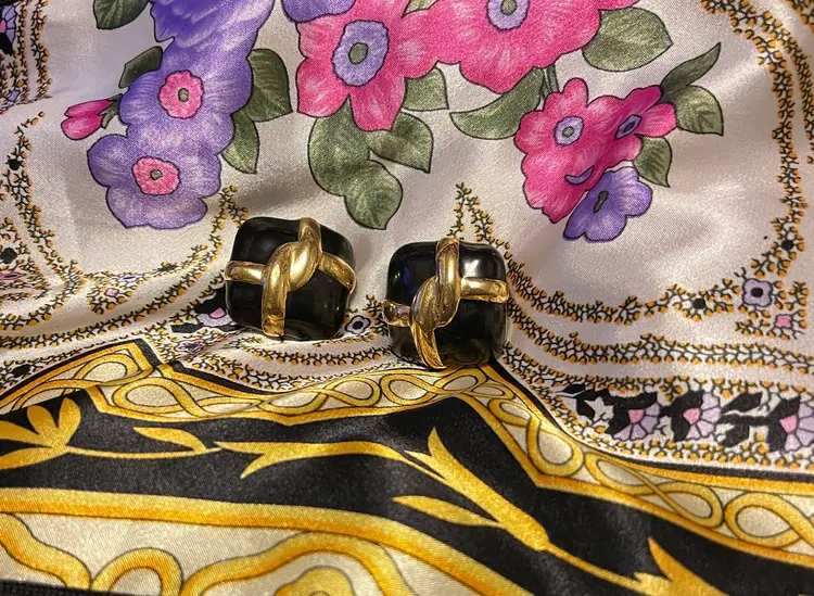 Vintage Ciner Goldtone and Black Enamel Earrings Clip On