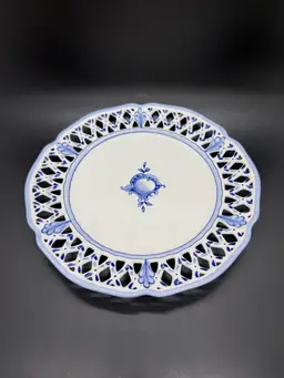 Vintage Rorstrand Sweden Reticulated Plate Blue White Porcelain Fruit Motif 8.5"