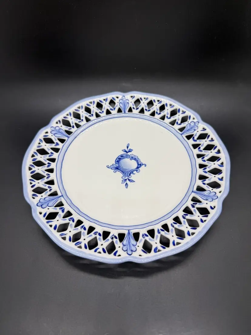 Vintage Rorstrand Sweden Reticulated Plate Blue White Porcelain Fruit Motif 8.5"