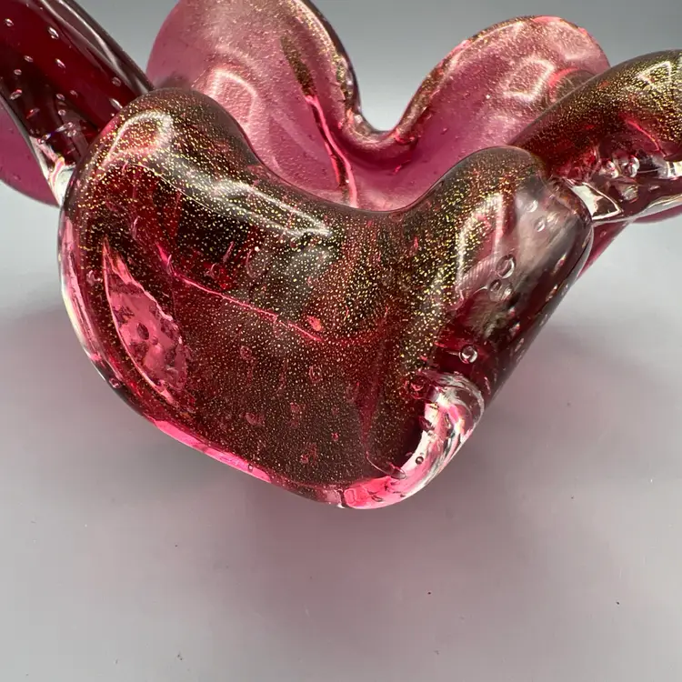 Murano Italian Art Glass Clover Leaf Dish Bowl Gold Flecks Controlled Bubbles