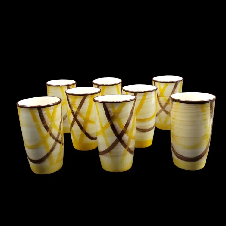 Vernon Kilns Homespun Vernonware Pottery Pitcher + 8 Glasses Excellent!