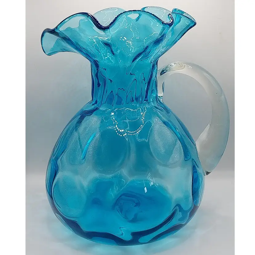 Vintage Hand Blown Teal Blue Reverse Dot Optic Pitcher w/Ruffled Rim & Clear Applied Handle