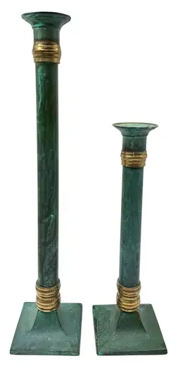 Set of 2 Vintage Verdegris Brass Candlestick Candle Holders Green 9 & 12.75”