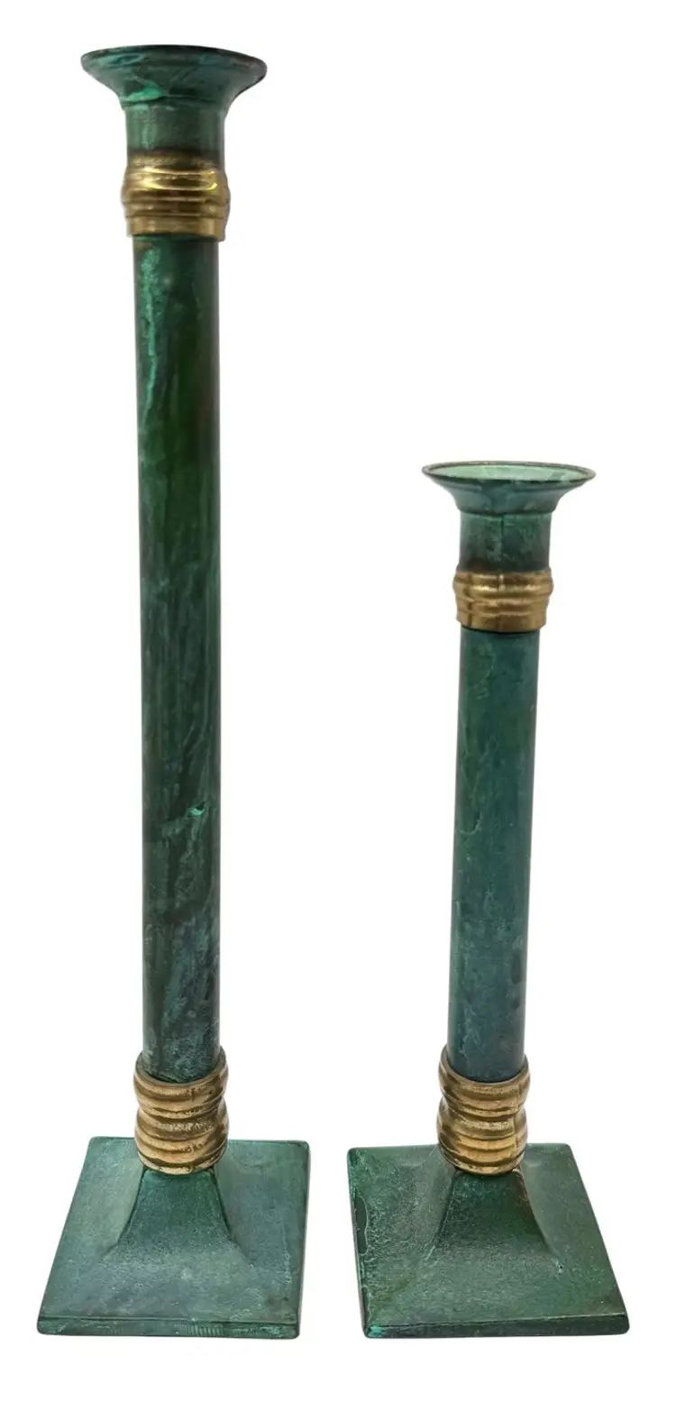 Set of 2 Vintage Verdegris Brass Candlestick Candle Holders Green 9 & 12.75”