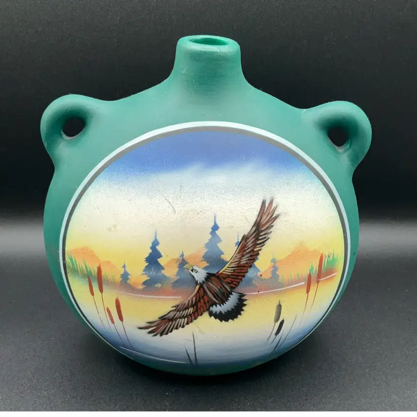 RWA Pottery Double Handle Eagle Green Vase