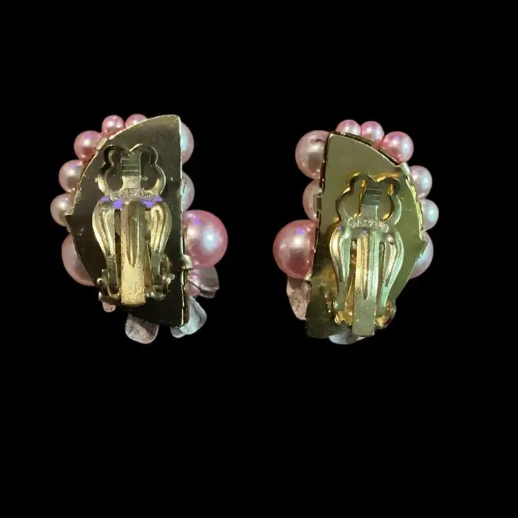 Gorgeous Vintage Goldtone Multi Color “ Soft Pink & Light Champagne”Faux Pearl  Half Moon Shape Clip Earring With A Soft Very Light Purple Floral Flower.