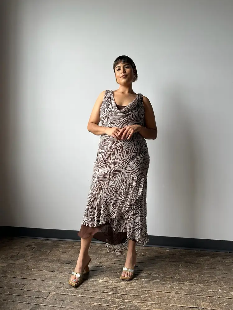 Botanical Abstract Silk Cowl Neck Beaded Maxi Dress