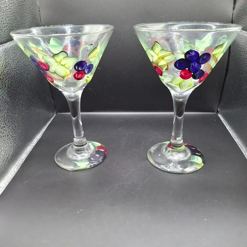 Hand-Painted Glass Martini Glasses With Colorful Fruit & Leaf Design - Set Of 2