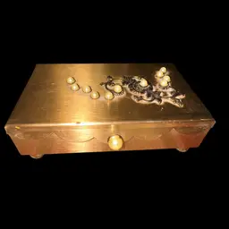 Vintage Gold Tone Faux Pearl Small Footed Jewelry Box 4” X 2.5” X 1.5” Tall