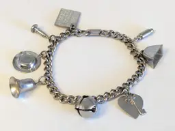 Vintage Silver Tone Charm Bracelet Canasta Card Ashtray Bells