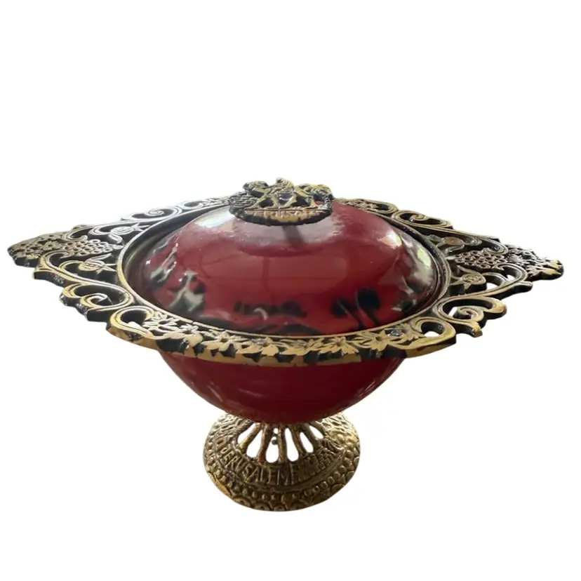 vintage Israeli Tamar Brass Lidded Footed Bowl, also known as a Jerusalem Bowl