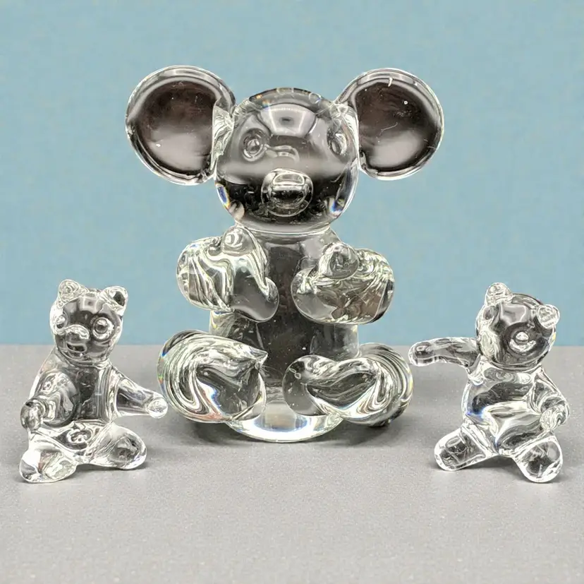 Clear Art Glass Koala Bears Mother & 2 Babies Children Figurines Set of 3