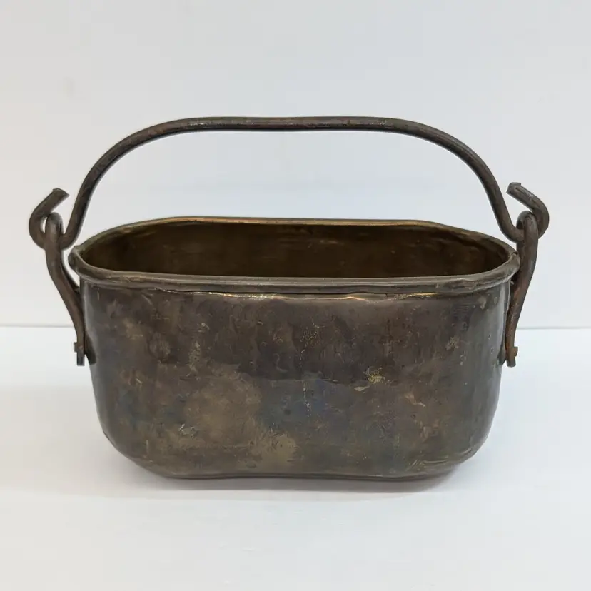 Vintage Brass Fish Kettle Poacher Steamer Pot Planter Wrought Iron Swing Handle