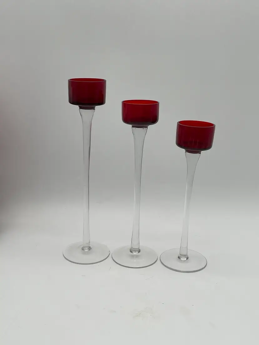 Set Of 3 Ruby Red & Clear Tealight Candle Holders