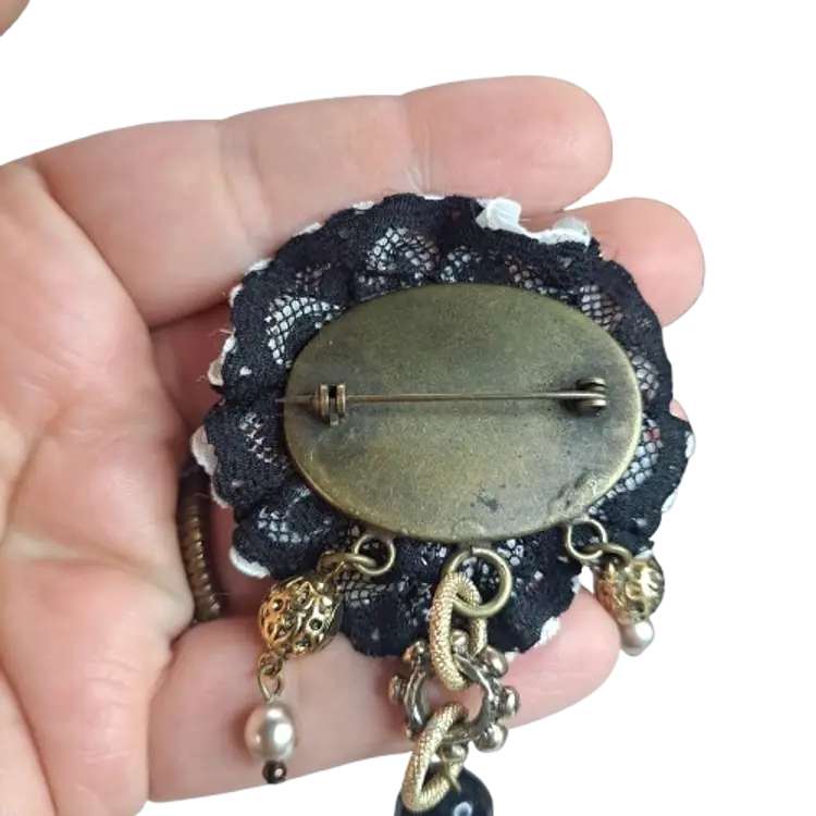 Cameo Brooch with Lace Detail and Dangles :)