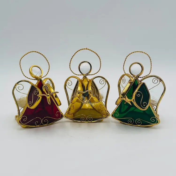 Stained Glass & Gold Trim Angel Votive Holders Trio