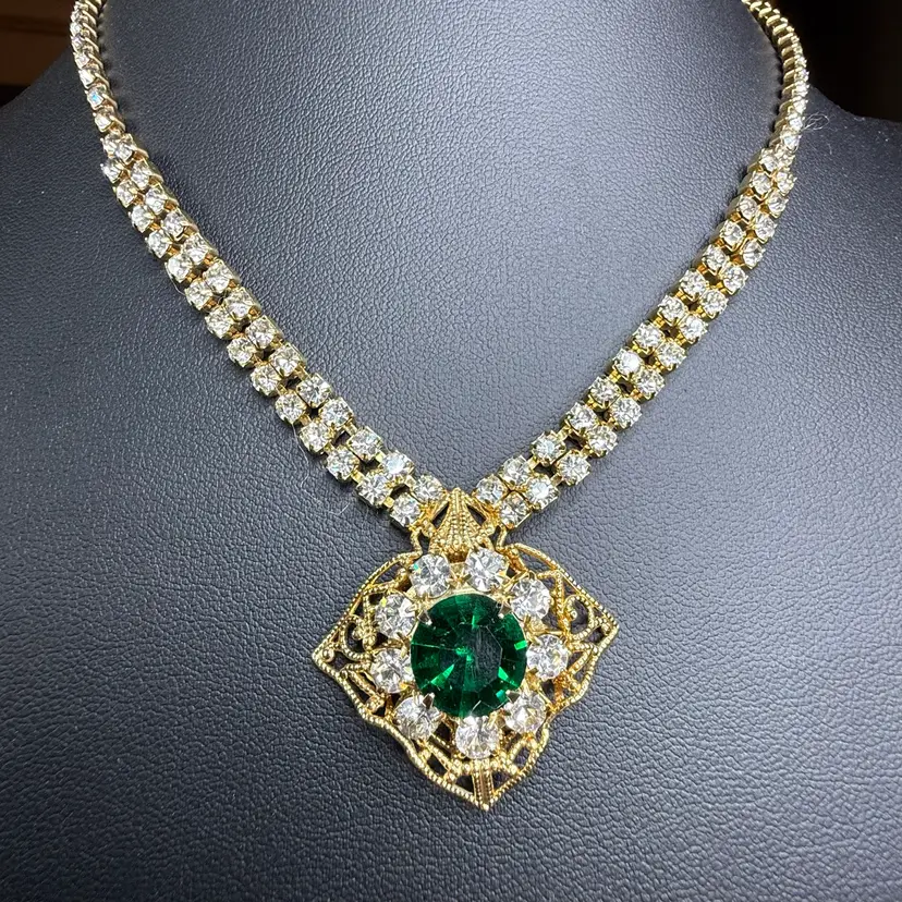 Emerald Green And Clear Rhinestone Choker Necklace 16”