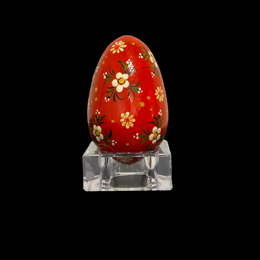 Hand Painted Wood Egg Red Flowers